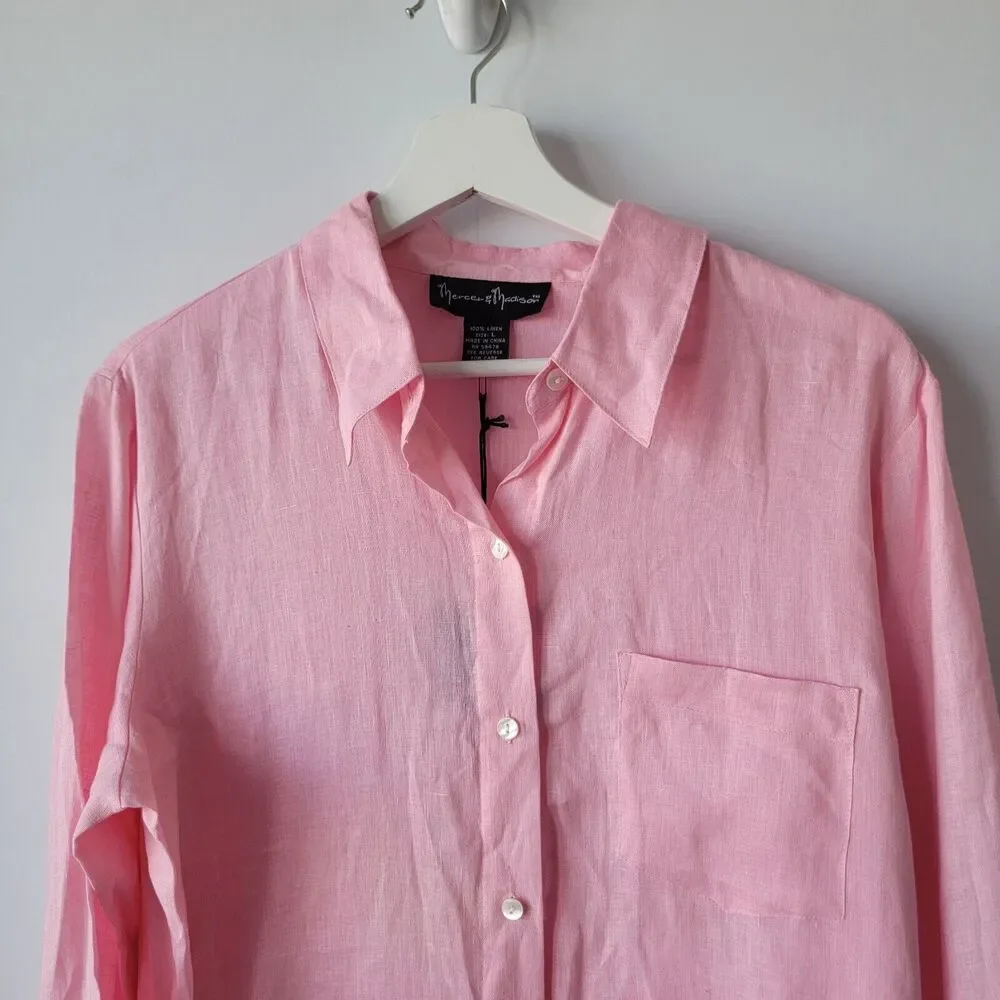 Mercer and Madison womens shirt size L button up 100% linen pink